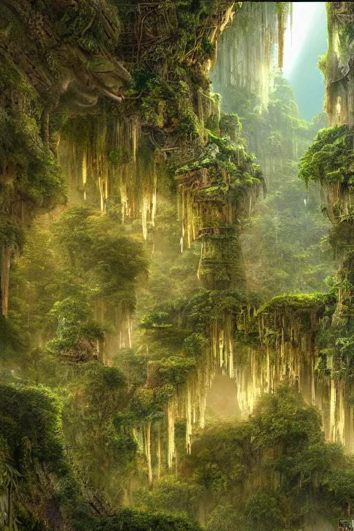 Image similar to ancient fractal temple deep in the future - megastructure in the hanging gardens of a radiant forest jungle, overgrown garden, scanned earth terrain fractal bridges, highly detailed erosion algorithm landscape, by albert bierdstat, by glenn small, high resolution, 8 k photorealism, populated by luminous beings, god rays in volumes of fog, looking up perspective