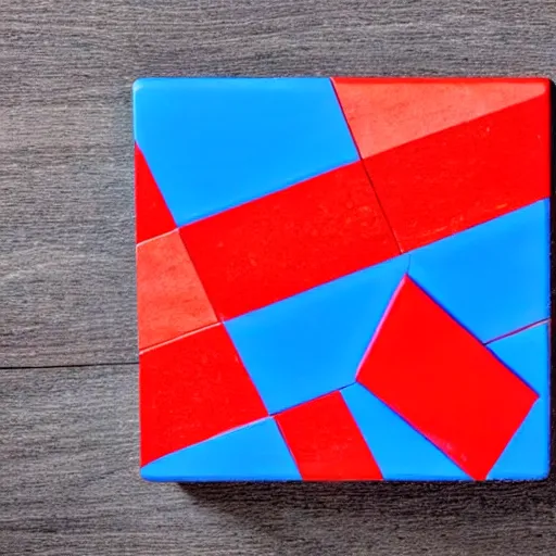 Image similar to A red block on a blue block on a table