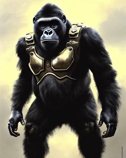 Prompt: winston the gorilla with a armor helmet on from overwatch, character portrait, portrait, close up, concept art, intricate details, highly detailed by greg rutkowski, michael whelan and gustave dore