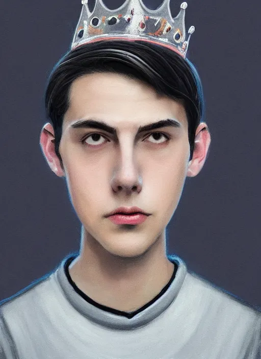 Image similar to portrait of teenage jughead jones wearing a light grey crown, photorealistic, crown, eyes closed, crown, black hair, sweater with letter s on it, letter s, intricate, elegant, glowing lights, highly detailed, digital painting, artstation, concept art, smooth, sharp focus, illustration, art by wlop, mars ravelo and greg rutkowski