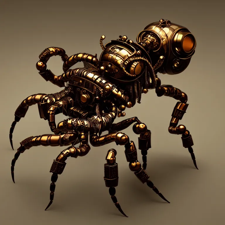 Image similar to steampunk robot scorpion, 3 d model, unreal engine realistic render, 8 k, micro detail, intricate, elegant, highly detailed, centered, digital painting, artstation, smooth, sharp focus, illustration, wlop