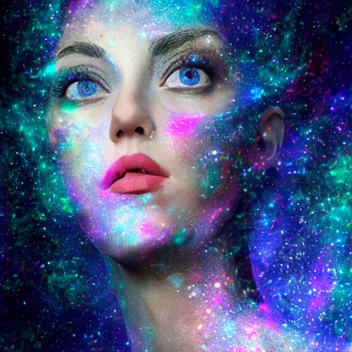 Image similar to woman portrait made out of galaxies floating in space, saturn, highly detailed, beautiful, realistic, tim burton comic book art, unreal engine, octane render, sharp focus