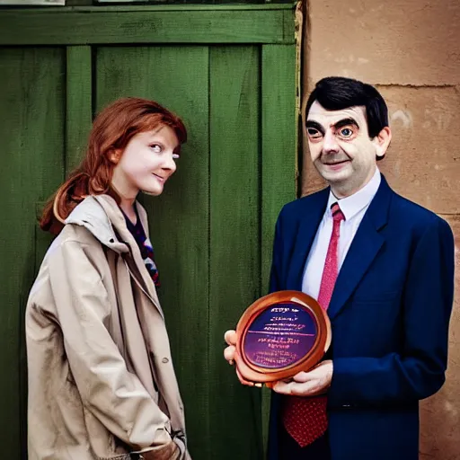 Image similar to A portrait mr bean elizabeth teams up with a teenage mr bean, perfect faces, 50 mm, award winning photography