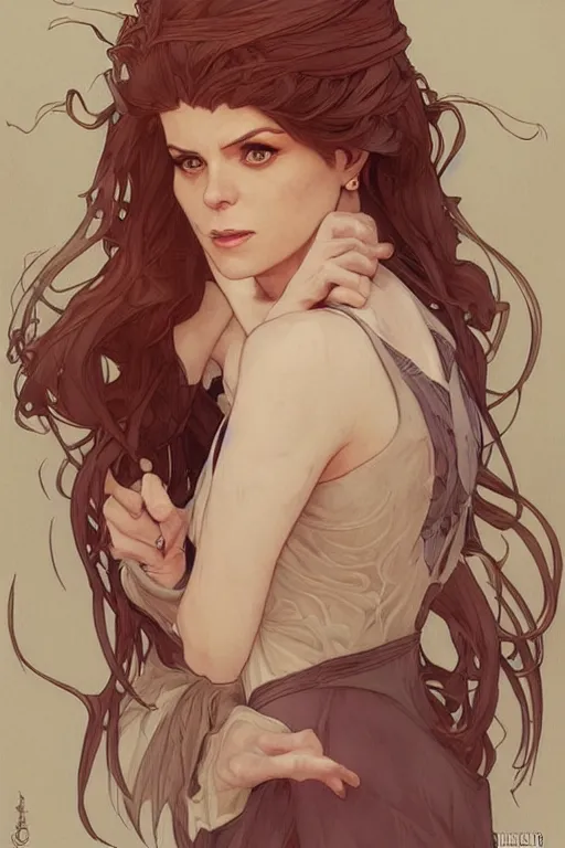 Prompt: gorgeous witch who looks like kate mara, detailed full body portrait by Krenz Cushart and artgerm and Alphonse Mucha, amazing detail, stunning inking lines, flat colors, 4K, character design, concept art