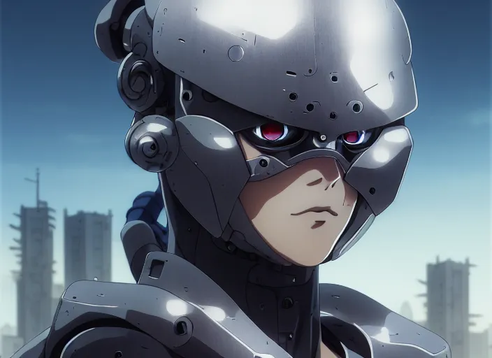 Image similar to a anime portrait of a cyborg ninja, finely detailed features, closeup at the face, sharp focus, perfect art, city background, cinematic lighting, intricate, anime, illustration, artstation, trending on pixiv fanbox, painted by greg rutkowski, studio ghibli, yoji shinkawa, hayao miyazaki, 4 k,