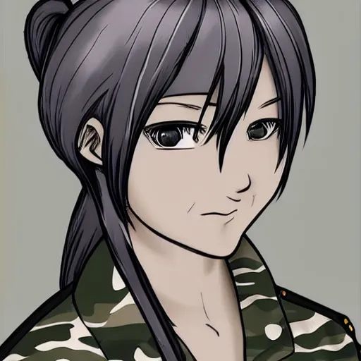Prompt: girl with silver hair and ponytail, wearing camo uniform, on modern manga style
