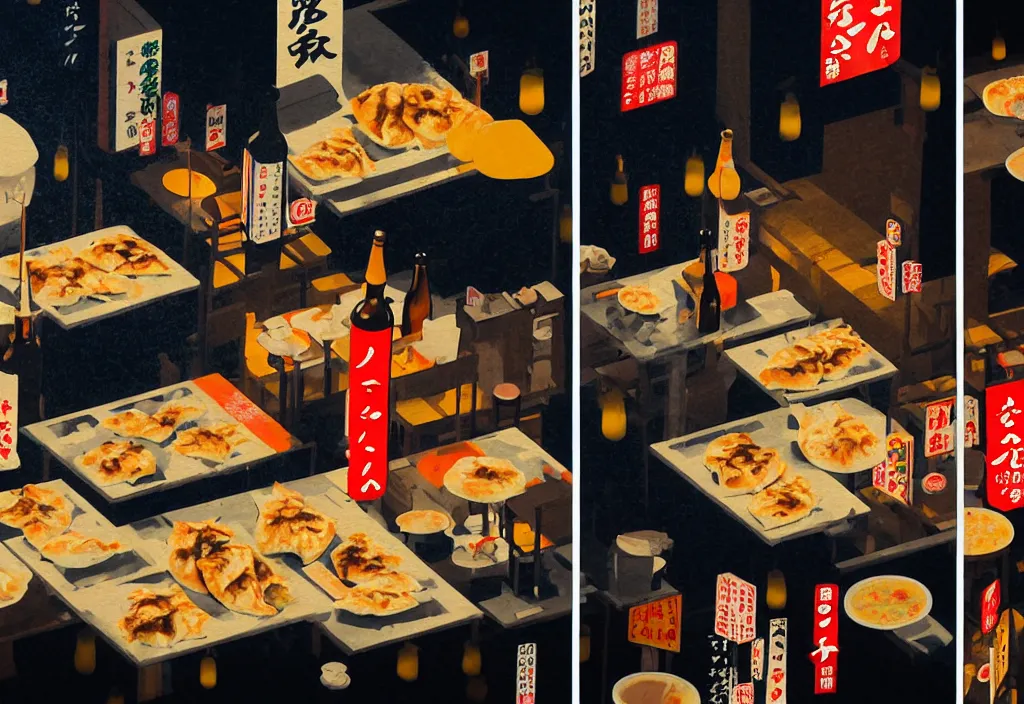 Image similar to night crowd eating gyoza and drinking beer at a nighttime izakaya in shinbashi tokyo, japan, a collage painting, in the style of wes anderson, lola dupre, david hockney, isolated on negative white space background dark monochrome fluorescent neon spraypaint accents volumetric octane render