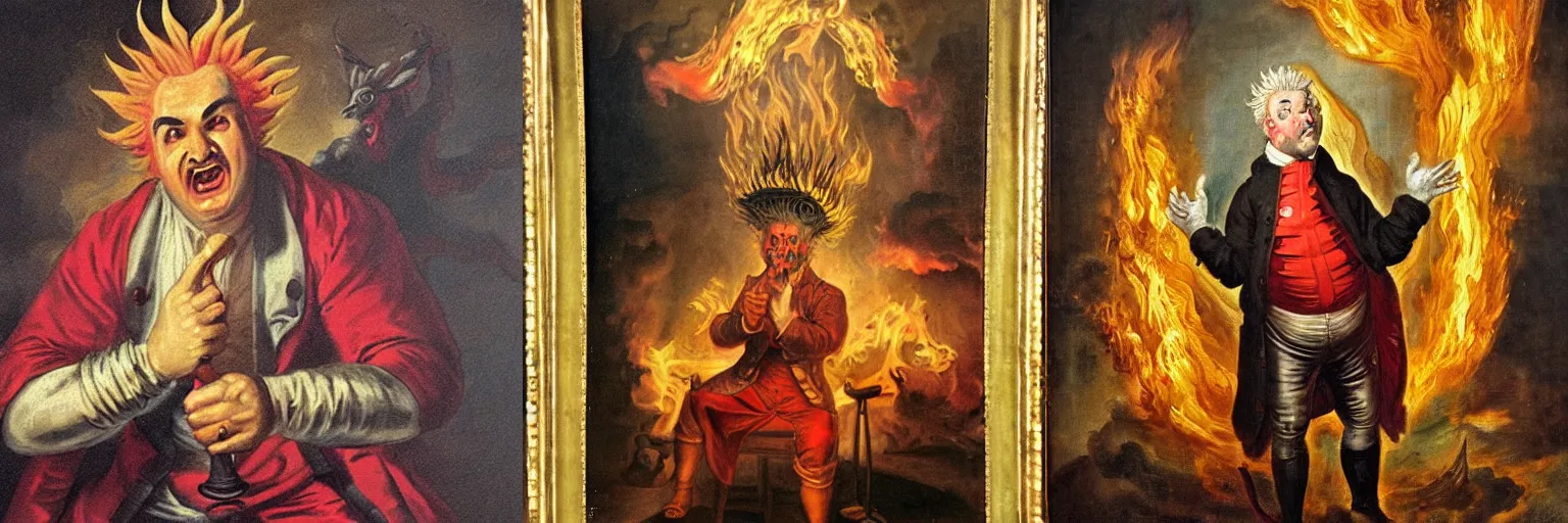 Prompt: 18th century historical painting representing Guy Fieri as the Devil, surrounded by flames, royal commission, by Joshua Reynolds, Louvre museum catalog photography