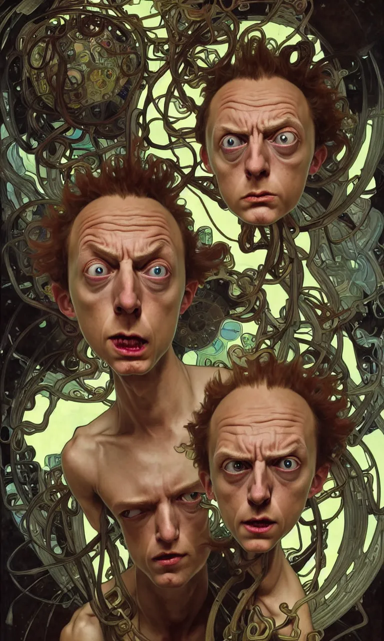 Image similar to hyper realistic grotesque portrait of an young dumb morty, from rick and morty, worried, interdimentional portal in the background, by lee bermejo, alphonse mucha and greg rutkowski