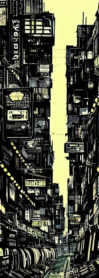 Prompt: blade runner style dystopian mega city street, lower levels with towering buildings reaching up to the clouds, viewed from street level looking up at neon sci - fi signs and lights by matt cook illustrator war artist ink drawing, ink illustration, colour ink with dark contrasted shadows