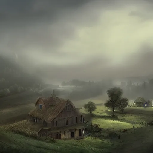 Prompt: matte painting of a countryside landscape of a village. gloomy, fog, elaborate, detailed digital art trending in artstation