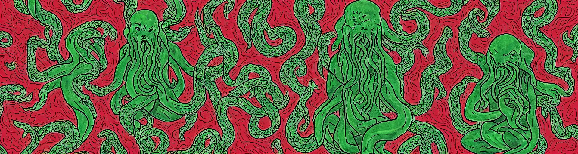 Image similar to meditating Cthulhu lost in Twin Peaks while David Lynch is shape-shifting in the background, fractal tile, mike judge art style, 90s mtv illustration