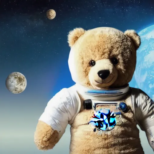 Prompt: a photo realisitic portrait of a teddy bear wearing a nasa space suit, heroic pose, publicity photo, out of focus space control center background