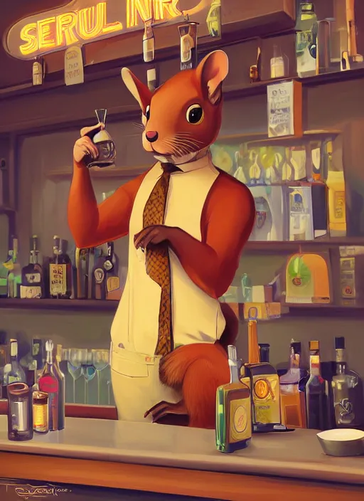 Prompt: a squirrel anthro as a dapper bartender with a big, fluffy tail, retro futurism, art deco, detailed painterly digital art by WLOP and Cory Loftis, 🐿🍸🍋, furaffinity, trending on artstation