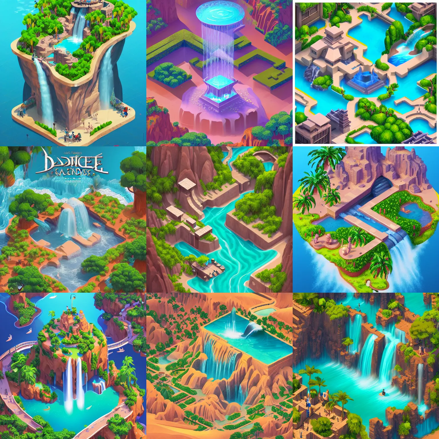 Prompt: isometric webdesign icon for paradise desert oasis with waterfall, 3d render, high details, cinematic, by Artgerm, tooth wu, dan mumford, beeple, wlop, rossdraws, James Jean, Andrei Riabovitchev, Marc Simonetti, yoshitaka Amano, Artstation