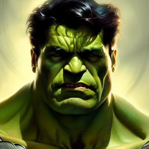 Image similar to portrait of the hulk as batman, intricate elegant, highly detailed, digital painting, artstation, concept art, smooth, sharp focus, illustration, art by ( artgerm ) and greg rutkowski! and ( alphonse mucha ), heavily influenced by frank frazetta and boris vallejo, sword and sorcery