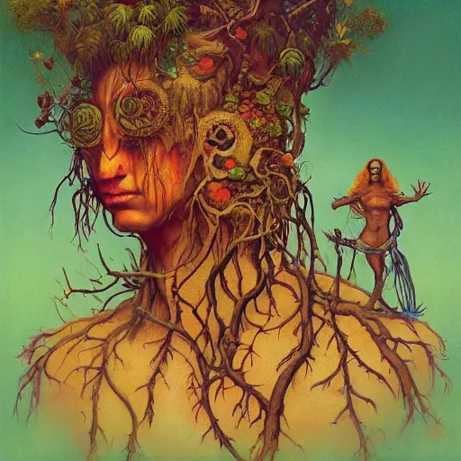 Prompt: Psychedelic Physique Portrait of a Shaman Guy wearing an ivy costume plant disguised as a human standing atop a red clay pot greg rutkowski jen bartel peter mohrbacher anna podedworna arthur rackham salvador dali octavio ocampo jacek yerka winslow homer norman rockwell uta natsume prismacolor tombow quill