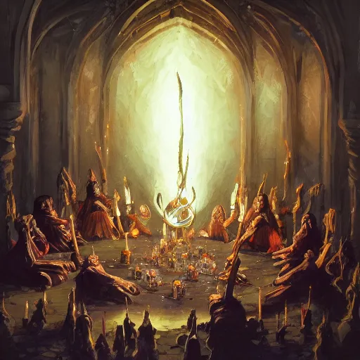 Prompt: highly detailed painting of a a group of sorcerers conducting a ritual in a ring of candles in the style of Greg rutkowski and Peter mohrbacher, trending on artstation