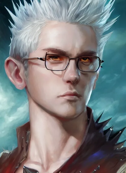 Prompt: spiky short hair and glasses mage male white, dndbeyond, bright, colourful, realistic, dnd character portrait, full body, pathfinder, pinterest, art by ralph horsley, dnd, rpg, lotr game design fanart by concept art, behance hd, artstation, deviantart, hdr render in unreal engine 5