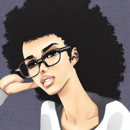 Dark anime depiction of a young woman with short black curly hair and green  eyes with glasses and collar, highly detailed, beautiful, sensual