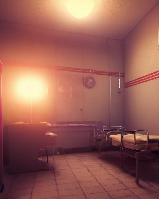 Image similar to artstation scifi scene of a shabby chinese hospital ward, big fan ， dust ， a bunch of light on a business card, bed, wheelchair, window, bedside table, paneled walls, unreal engine 5, hyper realism, realistic shading, cinematic composition, blender render, octane render, hdr, detailed textures, photorealistic, wide shot