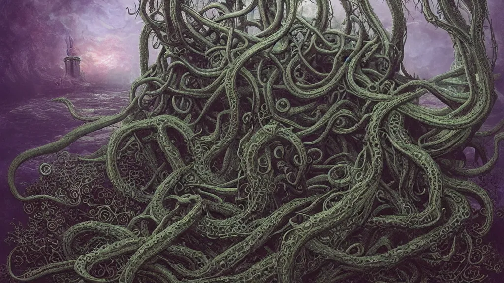 Image similar to soviet submarine destroyed by cthulhu, dunwitch horror, ornate tentacles growing around, ornamentation, thorns, vines, tentacles, elegant, beautifully soft lit, full frame, 8 k by wayne barlowe, peter mohrbacher, kelly mckernan, h r giger