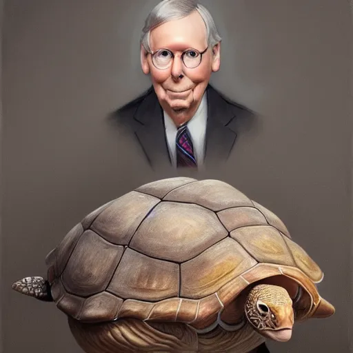 Image similar to amazingly beautiful portrait of a hyper realistic mitch mcconnell!!!! as a turtle / tortoise, as an anthropomorphic turtle, painted by greg rutkowski, artgerm, beautiful lighting, masterpiece, epic, 4 k