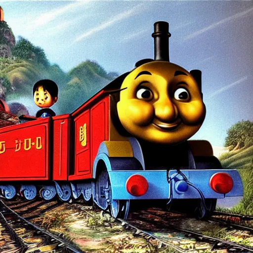 Image similar to hyper detailed photo realistic chinese thomas the tank engine going fast