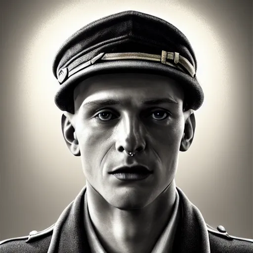 Image similar to A Hearts of Iron IV portrait of a blond young German actor with high cheekbones. Good bone structure. Dressed in 1940s style. Highly detailed, fine Art, high detail, great lighting, 8k resolution, masterpiece, concept art, illustration, clear eyes, painting oil on canvas, octane render, HDR, trending on artstation, 4k, 8k, HD