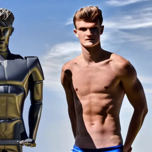 Image similar to a realistic detailed photo of a guy who is an attractive humanoid who is half robot and half humanoid, who is a male android, soccer players martin ødegaard & timo werner, shiny skin, posing like a statue, blank stare, by the pool, on display, showing off his muscles, many copies of them