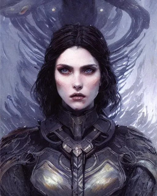 Image similar to a beautiful woman dark hair in an armor with dark eyes, elegant, dark blue, ethereal horror fantasy art by greg rutkowski and magali villeneuve and claude monet detailed