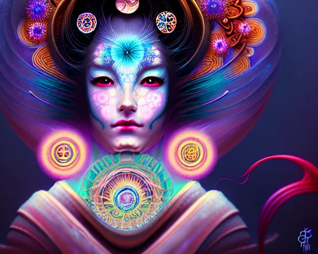 Image similar to a headshot of a geisha offset in the frame, surrounded by fractals, mandalas, cherry blossoms, hadron collider technology, metal gears, swirling bioluminescent energy, art by peter mohrbacher and dan mumford, 8 k octane render, hyperrealistic, zbrush, cinema 4 d