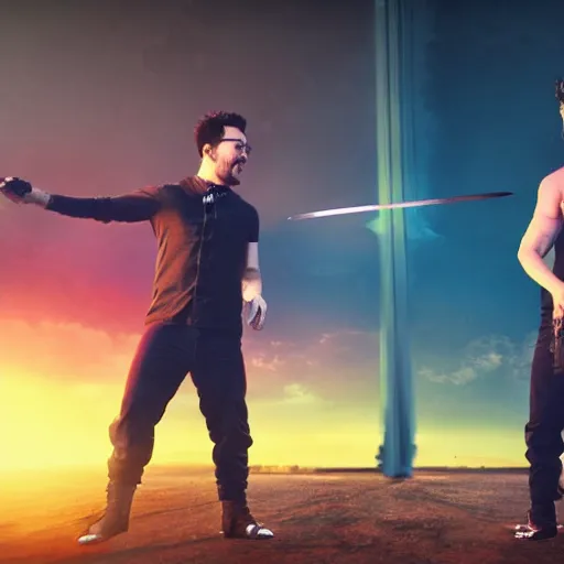 Image similar to Markiplier and Jacksepticeye fights each other with swords during a sunset, cinematic lighting, photorealistic,