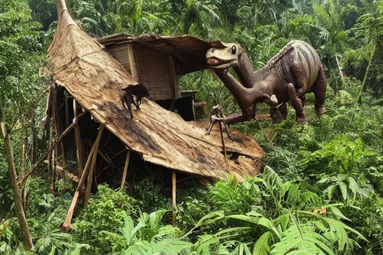 Prompt: 4 meter tall unknown living herbivor dinosaur destroying huts in small jungle settlement, shaky amateur photos by witnesses