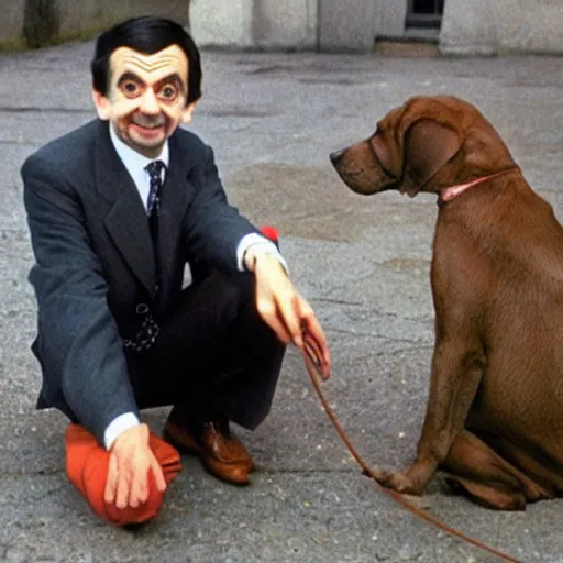 Prompt: mr bean poking a dog