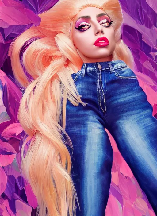 Image similar to lady gaga as a barbie doll detailed clothing jeans, half body shot, arms down, path traced, highly detailed, high quality, digital painting, alena aenami, lilia alvarado, shinji aramaki, karol bak, alphonse mucha, tom bagshaw