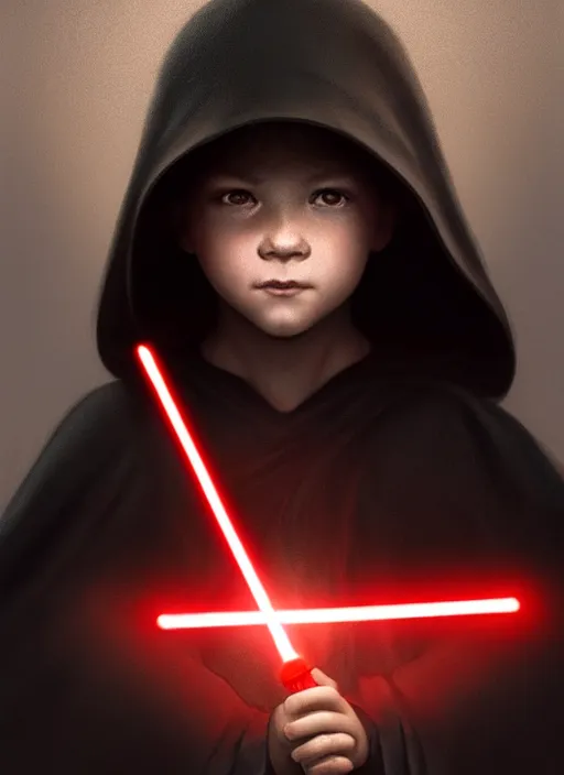 Image similar to perfectly - centered - portrait of a kid wearing black cloak holding light saber, intricate, highly detailed, digital painting, artstation, concept art, smooth, sharp focus, illustration, unreal engine 5, 8 k, art by artgerm and greg rutkowski and alphonse mucha