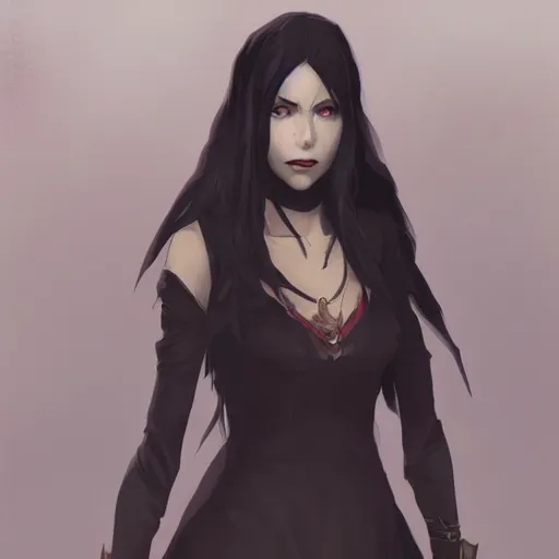 Image similar to female human vampire witch in the style of greg rutkowski, makoto shinkai, trending on artstation, character design, concept art, pretty face, highly detailed, long black hair, portrait, digital art