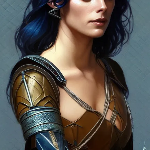 Image similar to Ashley Greene with dark blue hair as Joan of Arc, western, D&D, fantasy, intricate, elegant, highly detailed, digital painting, artstation, concept art, matte, sharp focus, illustration, art by Artgerm and Greg Rutkowski and Alphonse Mucha