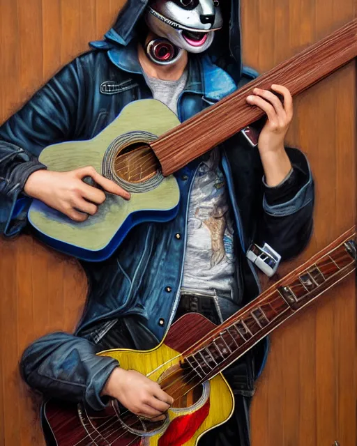 Image similar to a portrait of an anthropomorphic cyberpunk sloth strumming a 1 2 string acoustic guitar by sandra chevrier, by jon foster, detailed render, tape deck, epic composition, cybernetics, 4 k realistic, cryengine, realistic shaded lighting, sharp focus, masterpiece, by enki bilal