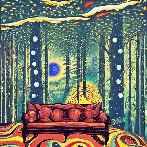 Image similar to psychedelic trippy couch pine forest, planets, milky way, sofa, cartoon by rob gonsalves