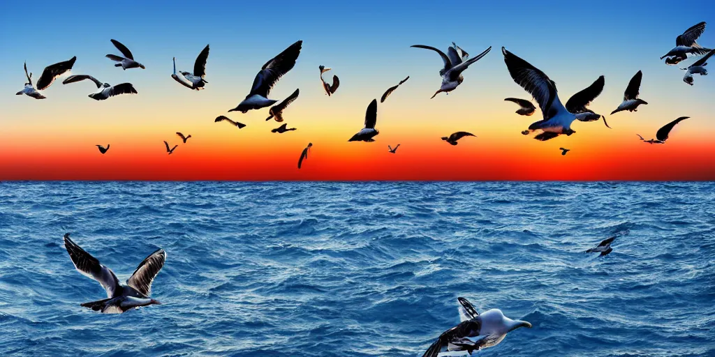 Prompt: seagulls flying over the ocean during the sunset, realistic