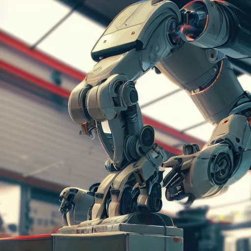 Image similar to a closeup shot of a robot being repaired in factory,cyberpunk,2077,big mecha,gundam,realistic,8k