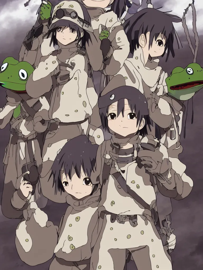 Prompt: resolution 4k happiness of gods empire worlds of Akihito Tsukushi made in abyss design ivory dream like storybooks and rhyes wandering army of militaristic imperialistic authoritarian army pepe the frog in military uniforms happy eating the flesh of other frogs gore blood unrelenting suffering wholesome soft and warm primordial the value of despair uncertainty loss of the world and the death of love ,love, warm ,Luminism, pepe the frog , art in the style of Tony DiTerlizzi , Francisco de Goya and Akihito Tsukushi and Arnold Lobel