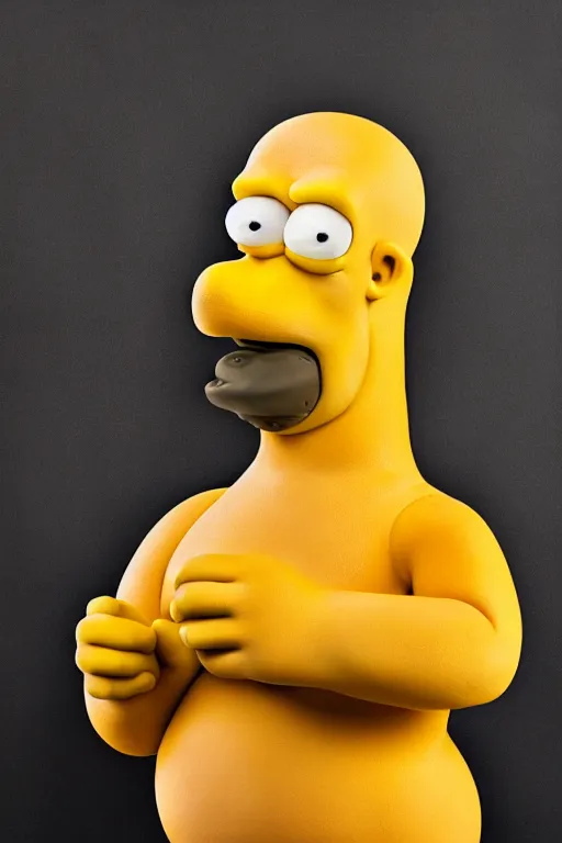 Prompt: studio portrait of man that looks excactly like homer simpson, lookalike, as if homer simpson came to life, soft light, black background, fine details, close - up, award winning photo by jimmy nelson