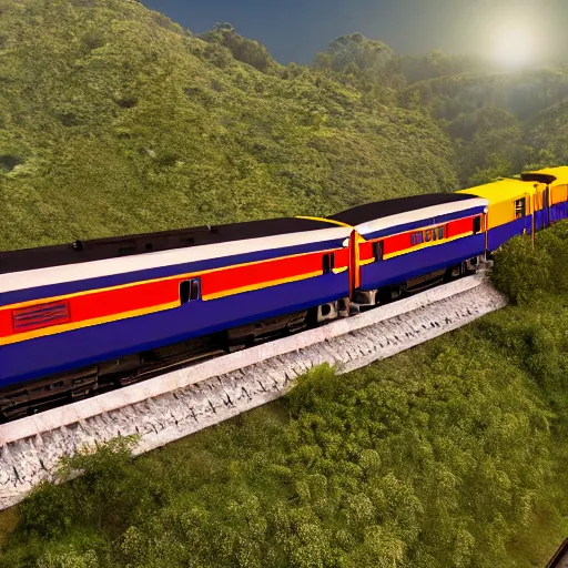 Image similar to drone shot of an indian train, highly detailed, photorealistic portrait, bright studio setting, studio lighting, crisp quality and light reflections, unreal engine 5 quality render