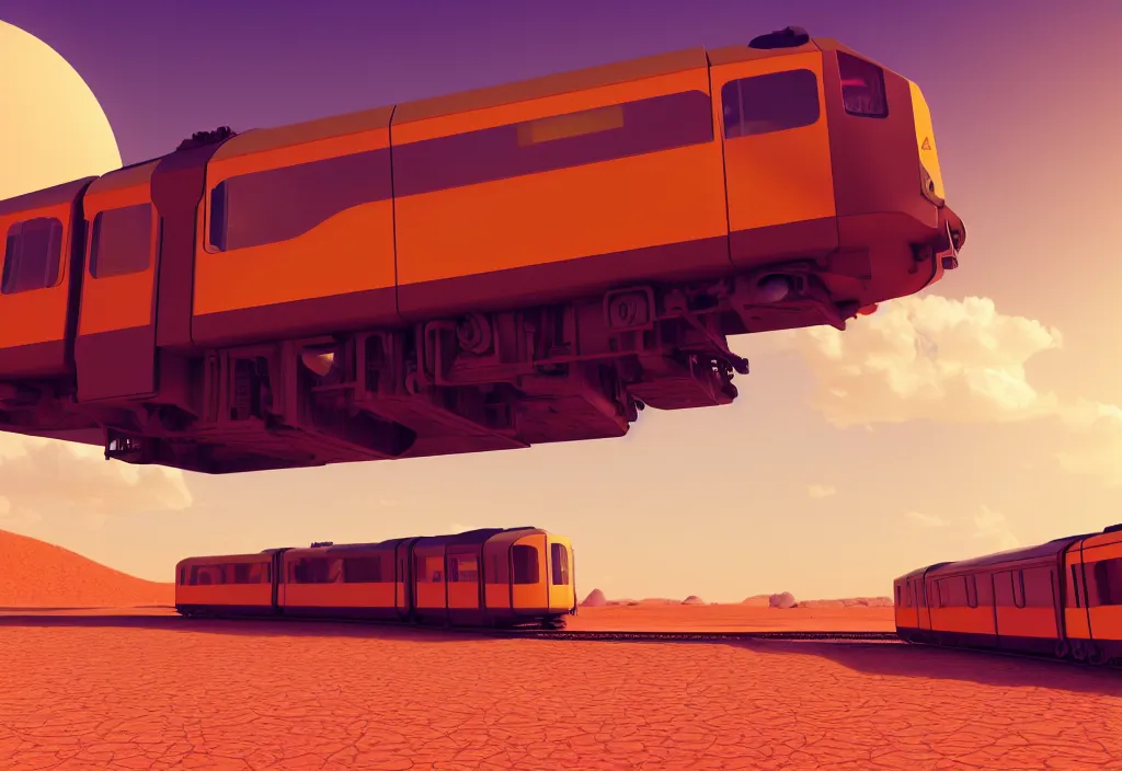 Image similar to futuristic train in a desert, painting, octane render, 4 k, anime sky, warm colors