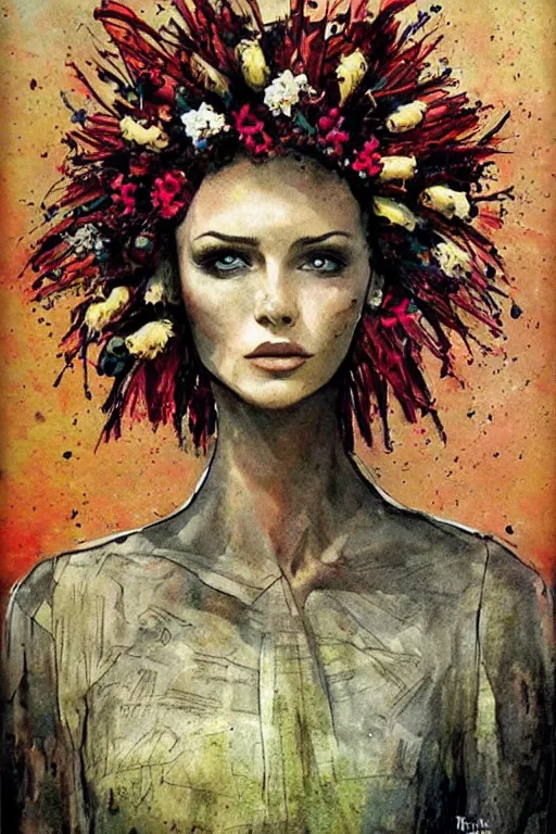 Prompt: portrait fashion model a wreath of spring flowers on her head artwork by enki bilal