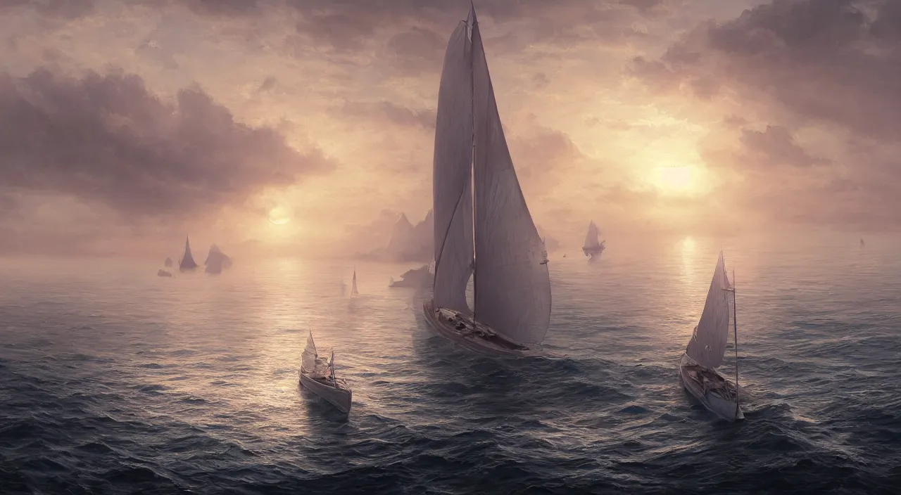 Image similar to hyper realistic detailed matte painting of sailing boat in the bay, calm foggy ocean, sunset lighting, hyperdetailed unreal engine 8 k ultra hd, stanley artgerm lau, rossdraws, james jean marc simonetti ruan jia and mandy jurgens and artgerm and william illustration, digital art, concept art