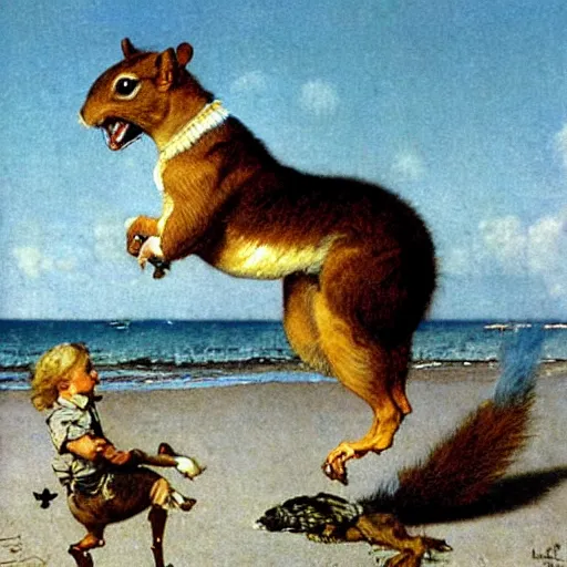 Image similar to napoleon riding a squirrel!!! on the beach with hyacinth!!!! by norman rockwell